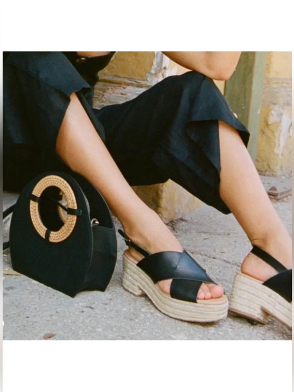 Soludos Amalfi Black Leather Espadrille Platforms
